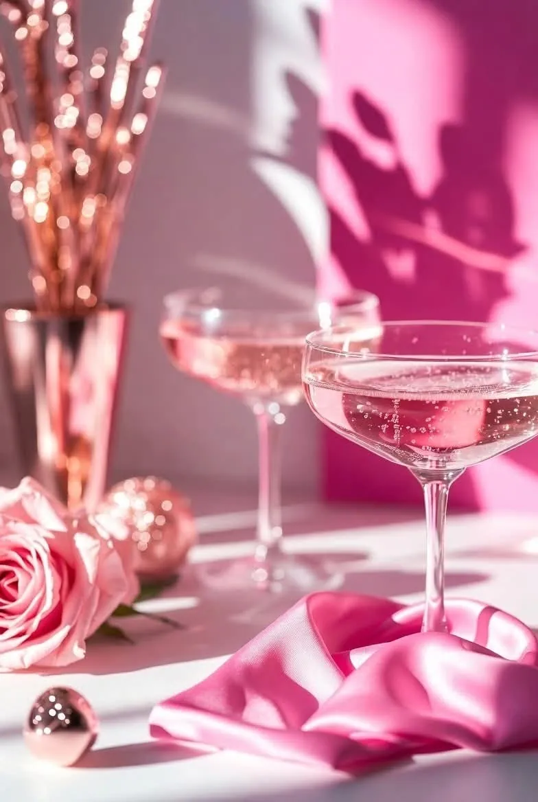 Champagne coupes and pink flowers at an event