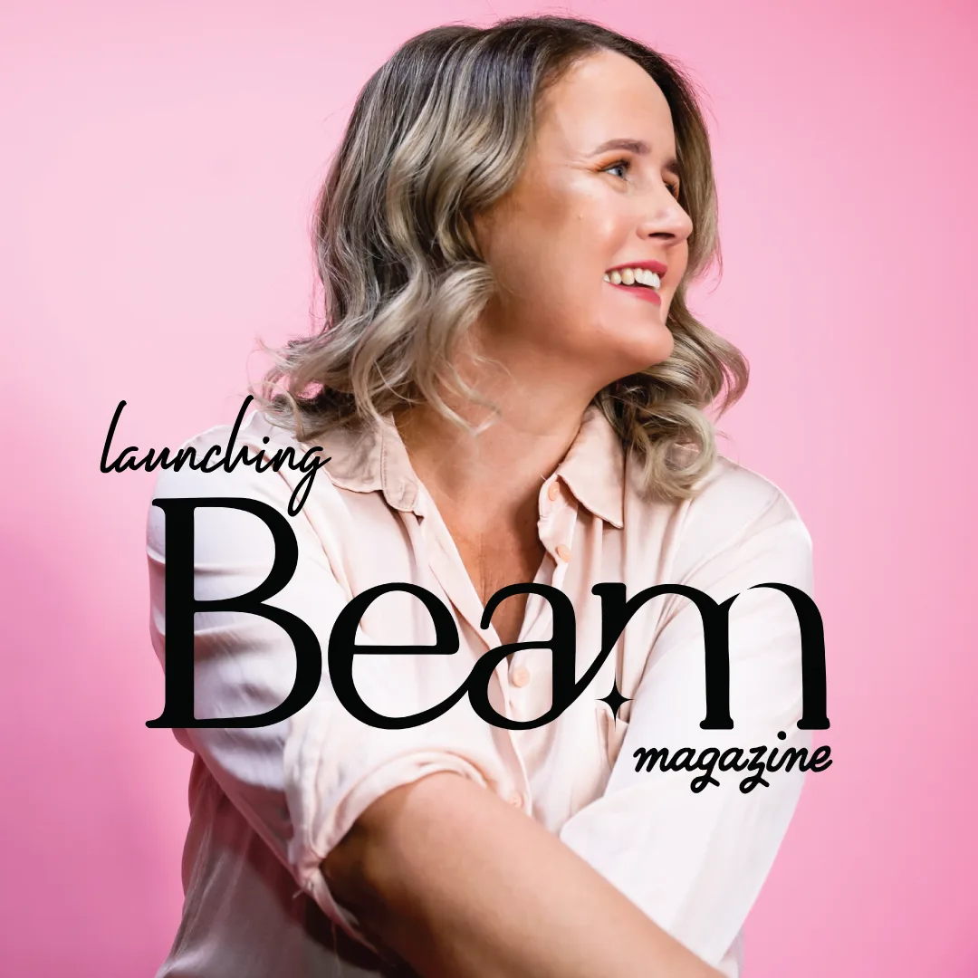 Launching Beam Magazine cover graphic with Beck Smith on a pink background